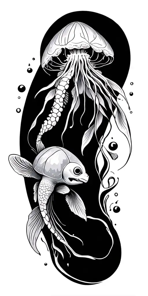 jellyfish, angler fish, sea turtle, and koi fish separately tattoo design idea
