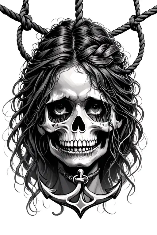 crying woman, half skull face, she is being hung by a rope with an anchor tattoo design idea