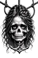 crying woman, half skull face, she is being hung by a rope with an anchor tattoo design idea