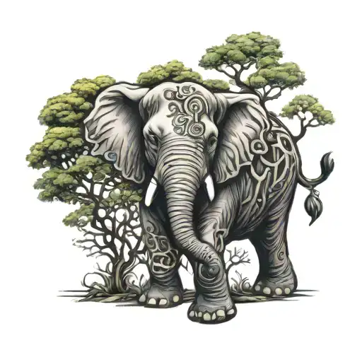 elephant covered by a tree intertwined tattoo design idea