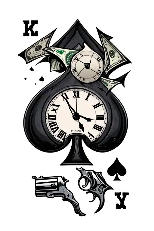 broken clock spade card dice money gun tattoo design idea