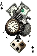 broken clock spade card dice money gun tattoo design idea