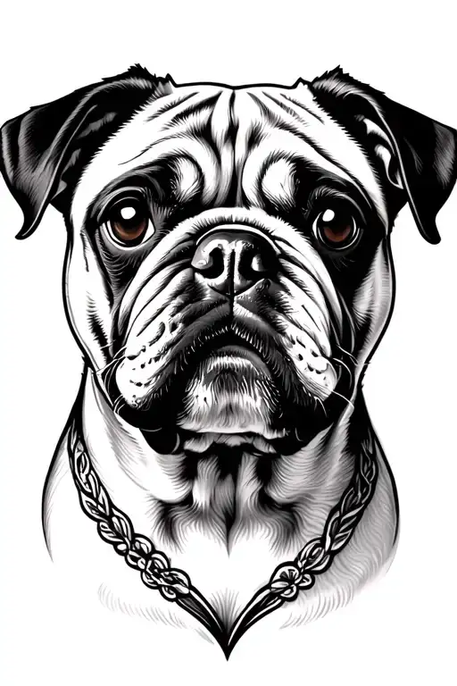 fine line black pug face with heart intertwined tattoo design idea