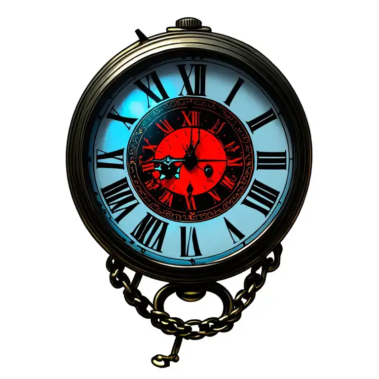 pocket watch at 3:16 with red and blue glow tattoo design idea