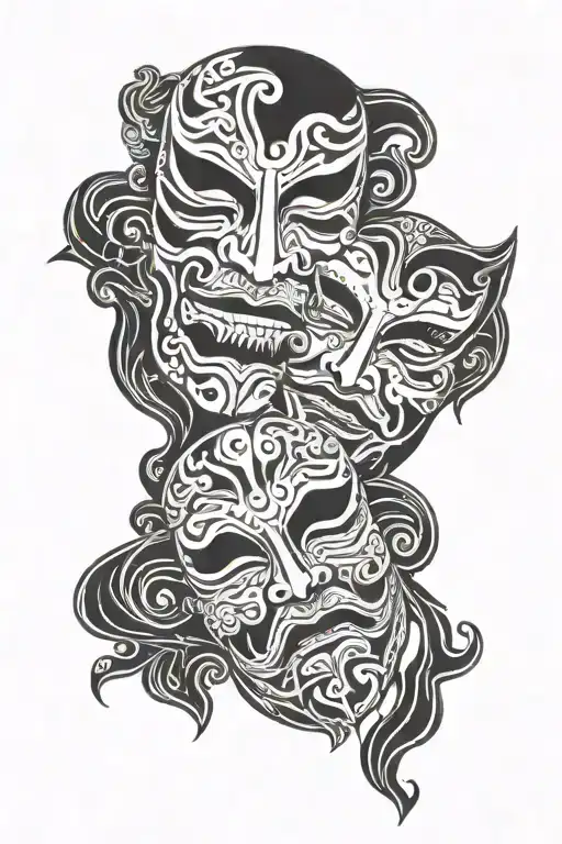 theatre masks happy, sad, angry  tattoo design idea