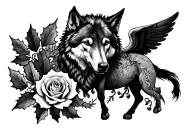 a wolf, a rose, a holly leaf, and a winged horse in minimalist style tattoo design idea