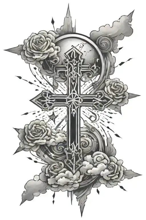 stars and clouds surrounding the word revelations with a cross down the middle  tattoo design idea