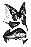 blacktip reef shark, butterfly ray, hammerhead shark, eagle spotted ray tattoo design idea