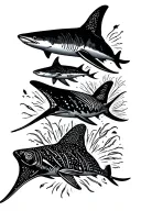 blacktip reef shark, butterfly ray, hammerhead shark, eagle spotted ray tattoo design idea