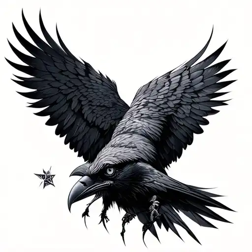 hugin and mugin odins ravens facing to the side and in one of their eyes you can see nordic lands and natural beuty tattoo design idea