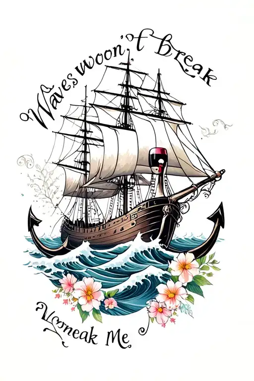 waves, ship, anchor, female skeleton, flowers, wine, "waves won't break me" tattoo design idea