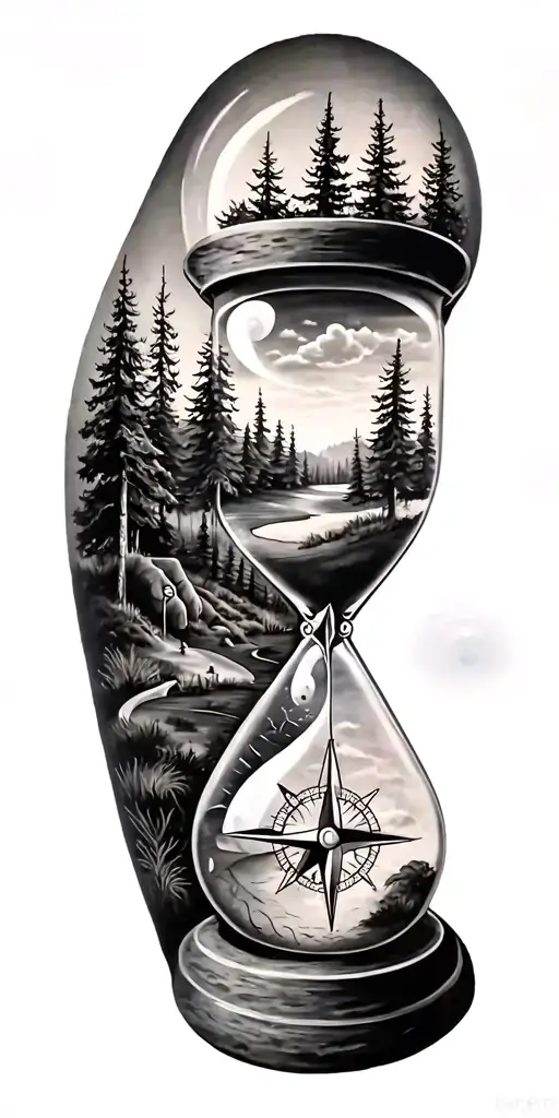 family and forest and hour glass and compass golf course tattoo design idea