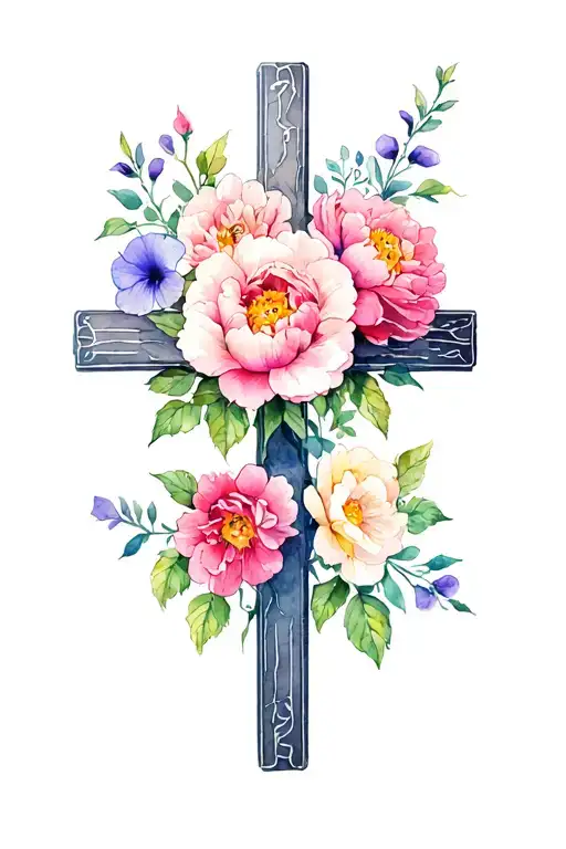 cross with peonies, petunias and roses growing tattoo design idea