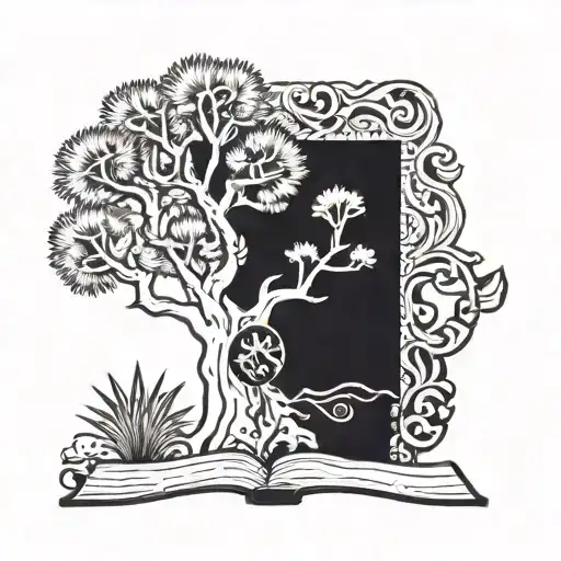 A stylized family crest featuring Joshua trees and book motifs, blending the client's interests in genealogy, family, and reading tattoo design idea