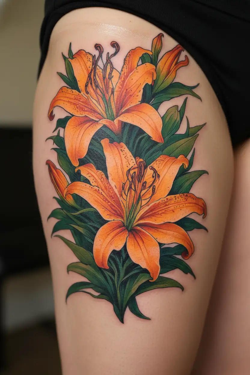 Tiger lily and spider lily flowers intertwined tattoo design idea
