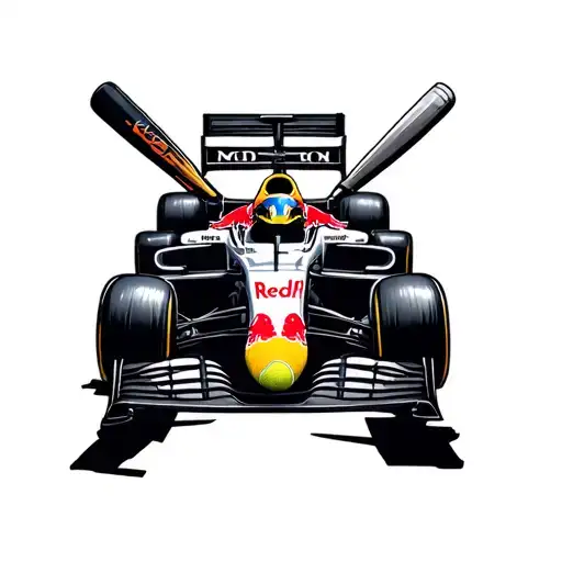 a small tattoo with a red bull racing car with verstappen symbol / namr, a cricket bat with  VK 18 a tennis bat and ball tattoo design idea