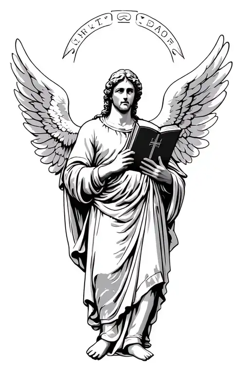 saint michael holding a bible with wings in the background in heaven  tattoo design idea