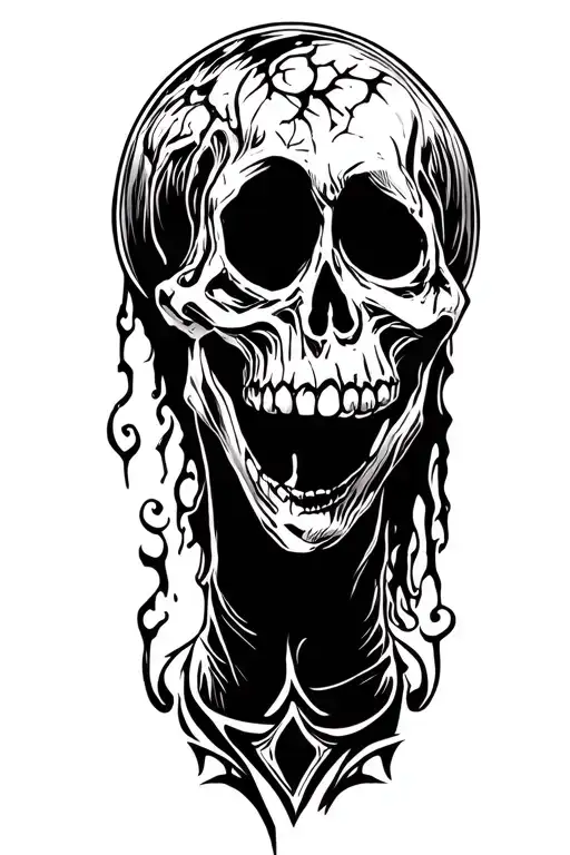grave yard background with skelington face in the front  tattoo design idea