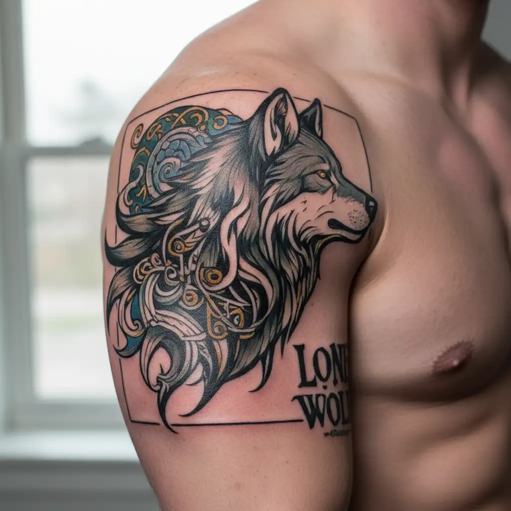 side pose of wolf with message "Lone Wolf" tattoo design idea