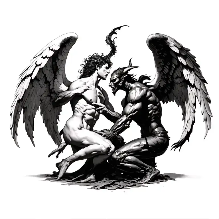 fight between angel and demon in ultra high contrast and hyper realistic tattoo design idea