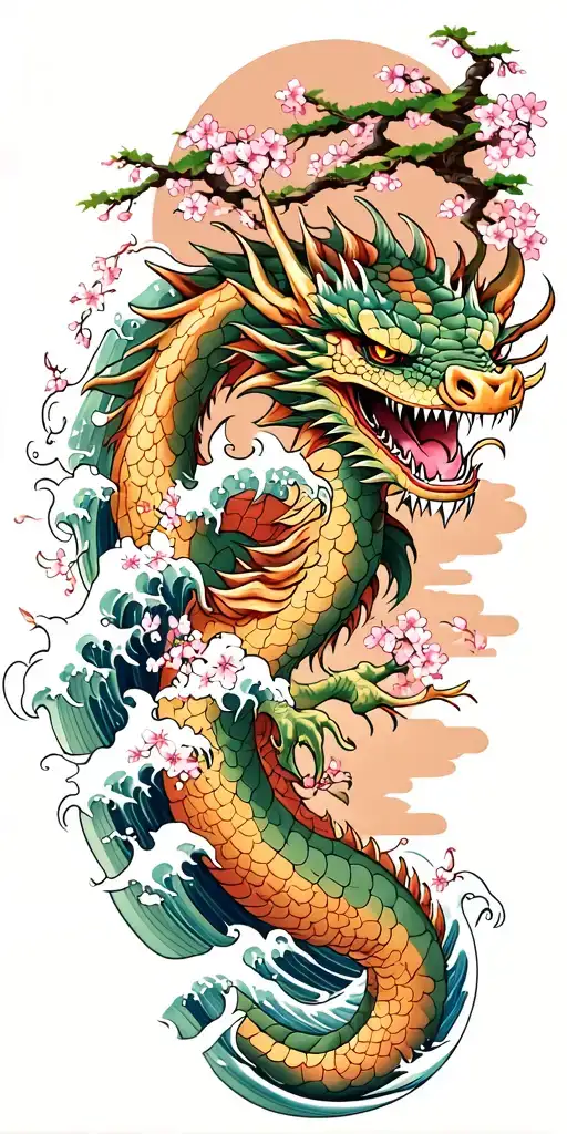 A fierce dragon emerging from the ocean waves with cherry blossom trees in the background tattoo design idea