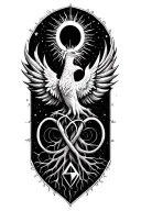 Tree of life intertwined with a Phoenix rising, including the sun, the stars, and a diamond. infinity symbol sobriety  tattoo design idea