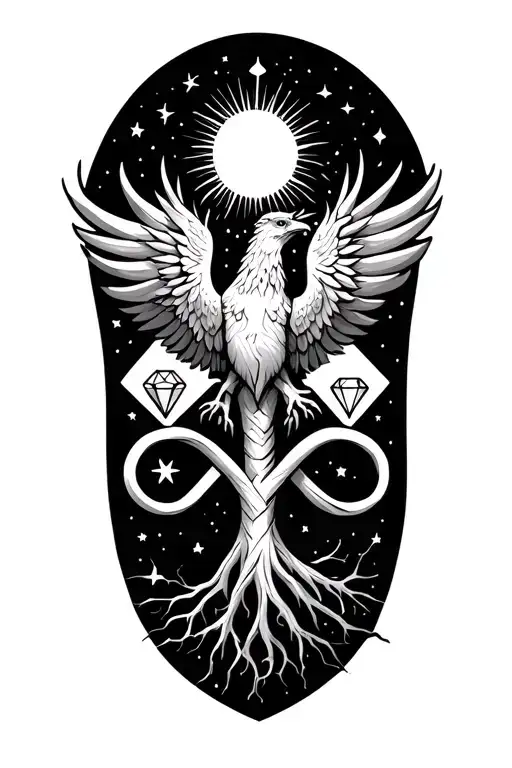 Tree of life intertwined with a Phoenix rising, including the sun, the stars, and a diamond. infinity symbol sobriety  tattoo design idea