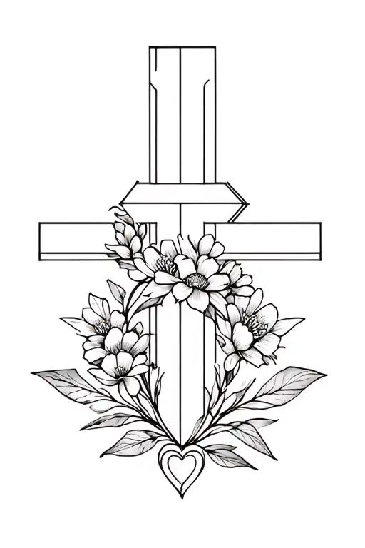 cross wrapped in flowers with a heart shape at the bottom tattoo design idea