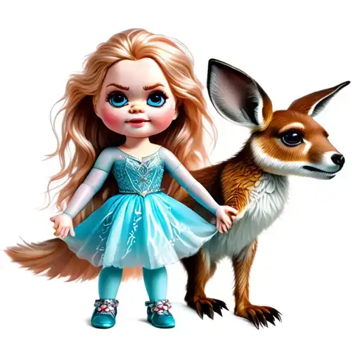 Chucky doll wearing frozen Elsa dress holding hands with a kangaroo tattoo design idea
