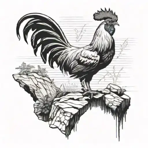 cockerel standing on a rock, with thin lines, realistic,  tattoo design idea