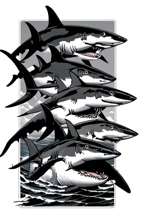 mako sharks with shadow, one shark has the numbers 21 on its right fin.  tattoo design idea
