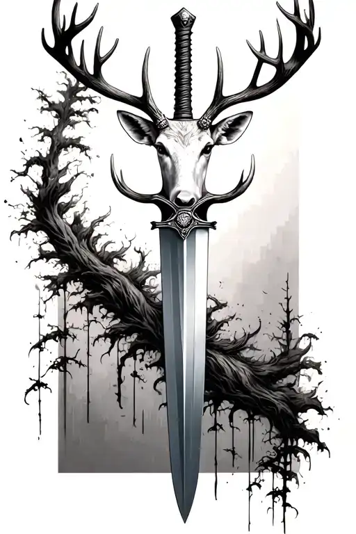 long thin sword masculine stag deer head handle tattoo design idea