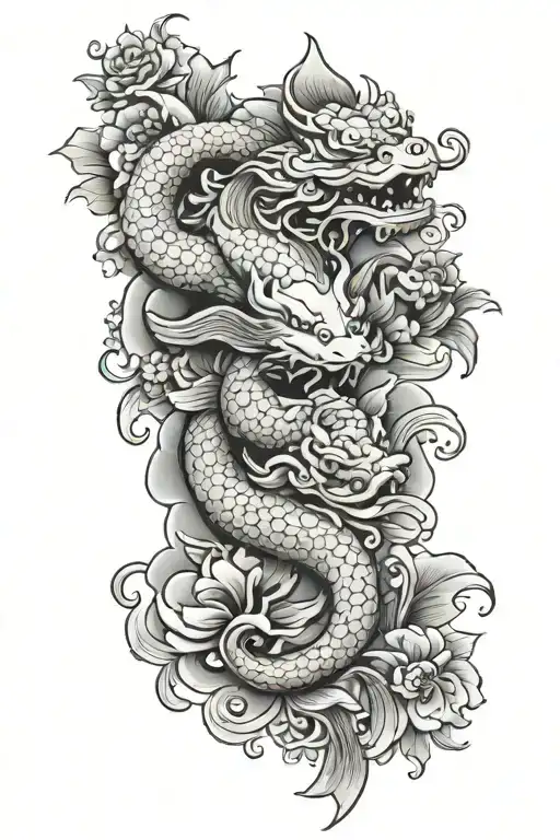 koi fish, foo dog, money frog sitting tattoo design idea