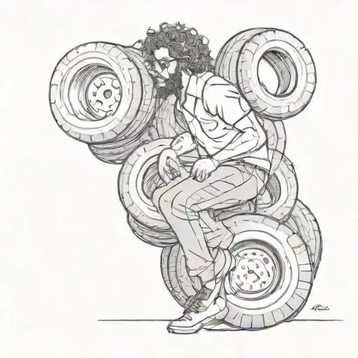 tire store owner climbing out of a stack of tires who has curly hair a beard and glasses tattoo design idea