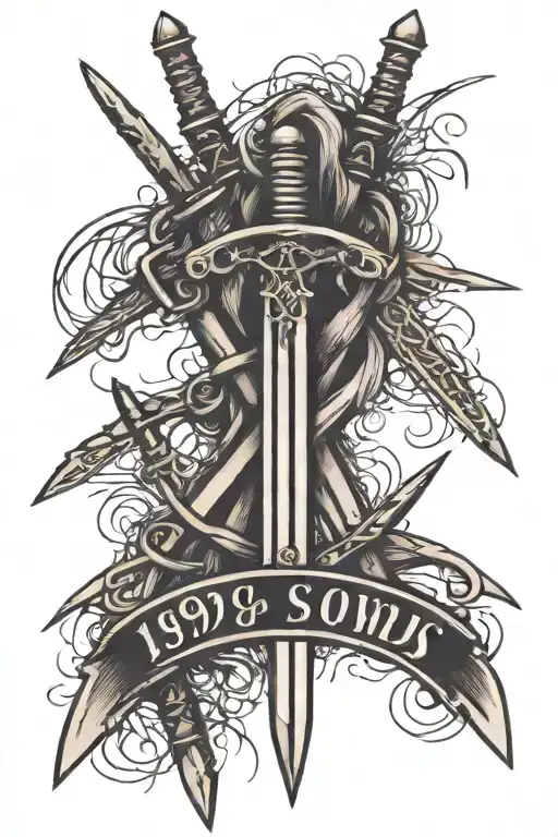 three swords crossed with 1994, 1996 and 2000 written over the swords tattoo design idea