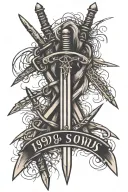 three swords crossed with 1994, 1996 and 2000 written over the swords tattoo design idea