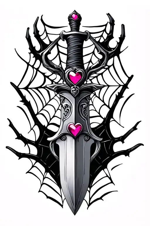 black/grey fantasy style dagger with a pink heart shaped gem on the handle. black spider webs around it with a small spi tattoo design idea