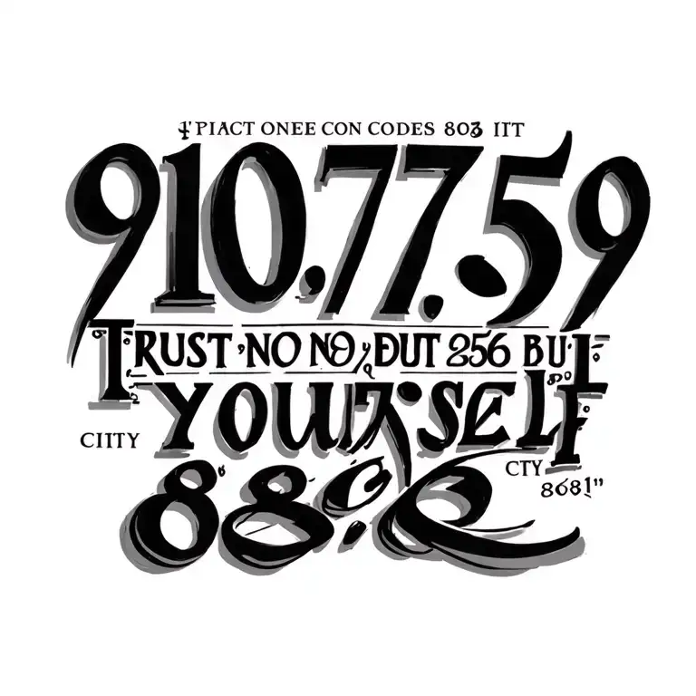 "910, 757, 256, 808" trust no one but yourself city codes it  tattoo design idea