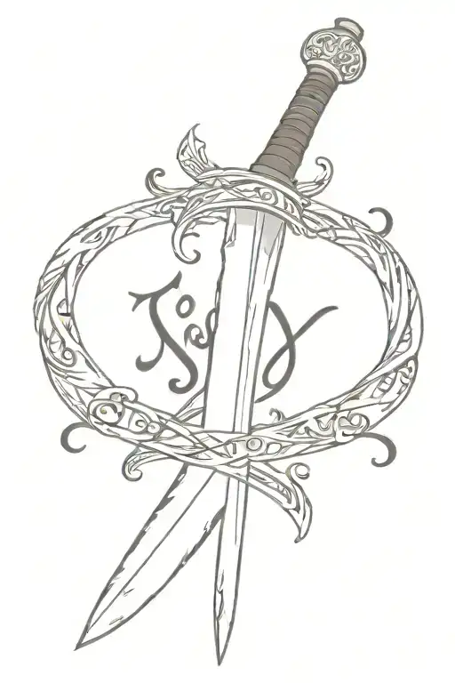 a gritty, worn, chipped, damascus, fabric-wrapped, sword. with the bible verse Joel 3:9 written in script around it  tattoo design idea