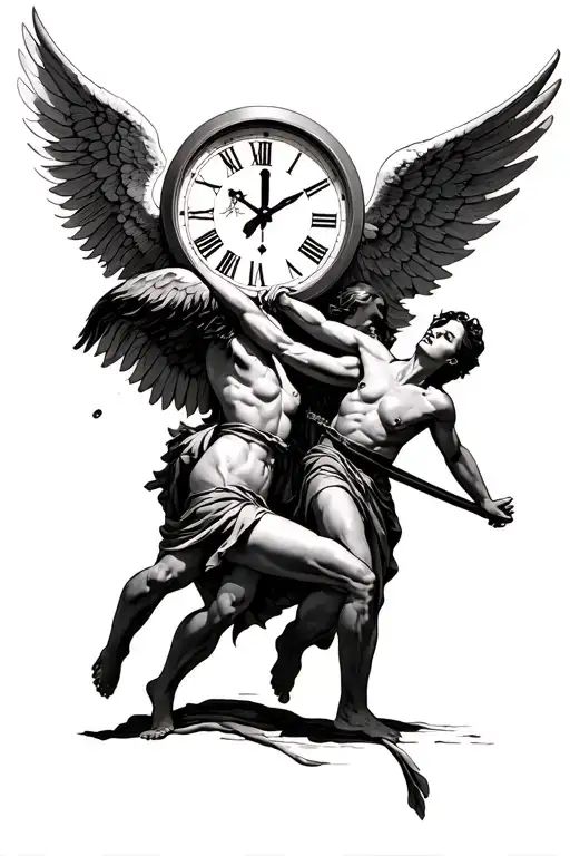 would you put in the Al tattoo app thing, jail bars, angels demons fighting angels winning, somesort of time clock and f tattoo design idea