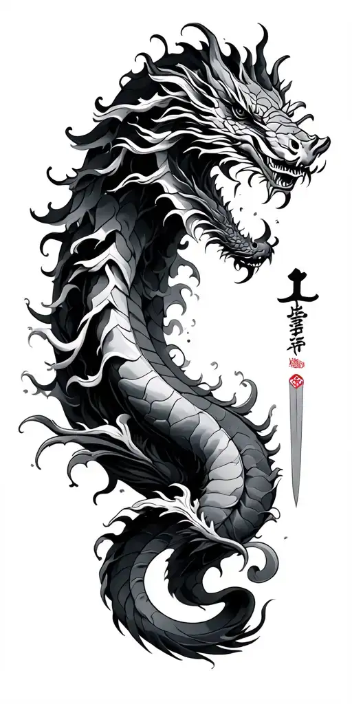 Sea dragon in waves that wrap around the arm and a sword on the forearm that has the Japanese Kanji for peace, love stre tattoo design idea