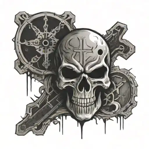 Punisher with biblical cross background and black sun around it tattoo design idea