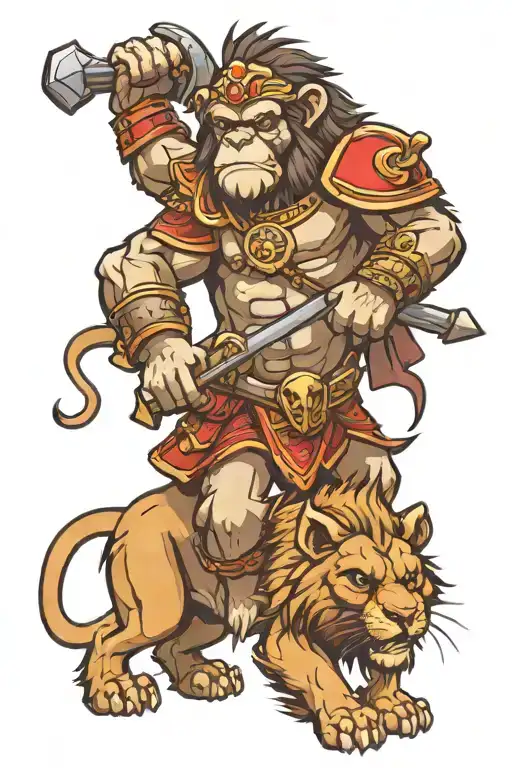 armored monkey with battle ax riding a lion tattoo design idea