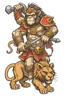 armored monkey with battle ax riding a lion tattoo design idea