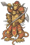 armored monkey with battle ax riding a lion tattoo design idea