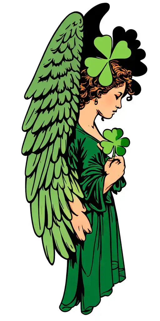 angel wings holding an Irish shamrock tattoo design idea
