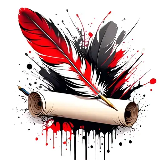 feather quill pen writing on a white scroll tattoo design idea
