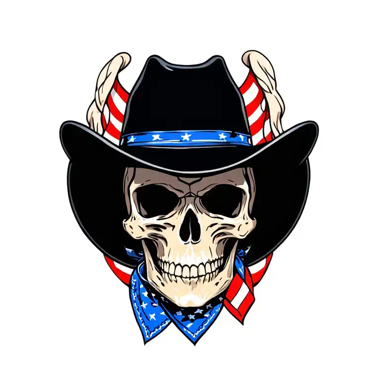 skull wearing a black cowboy hat and a thin blue line American flag bandana tattoo design idea