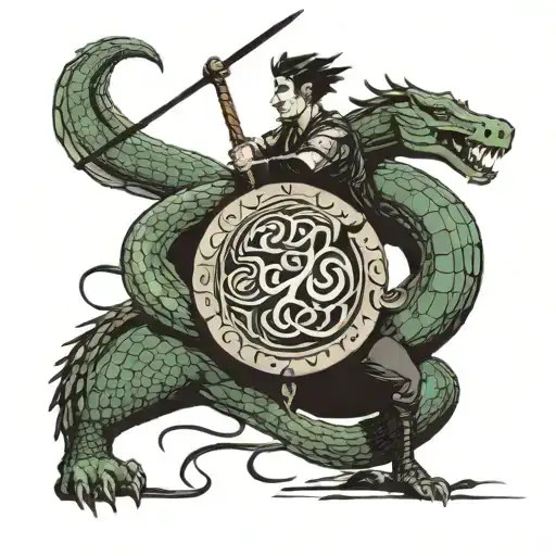 An enormous serpent facing a man holding a spear and a shield. Right behind this man is a young man with a short sword.  tattoo design idea