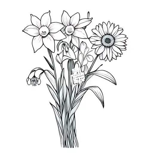 bouquet of 1 daffodil, 1 snowdrop, 1 chrysanthemum and 1 gladiolus with a band-aid on top of the stems of the bouquet tattoo design idea